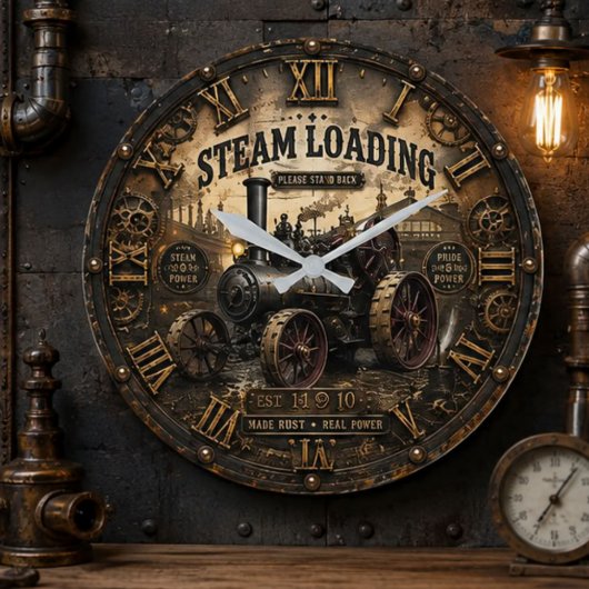 Steam Engine Vintage Steampunk Tractor ラージ壁時計