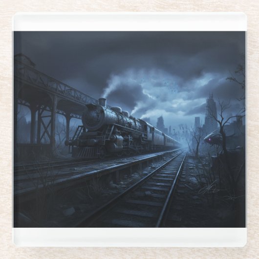 Steam Locomotive On A Dark Stormy Night ガラスコースター (正面)