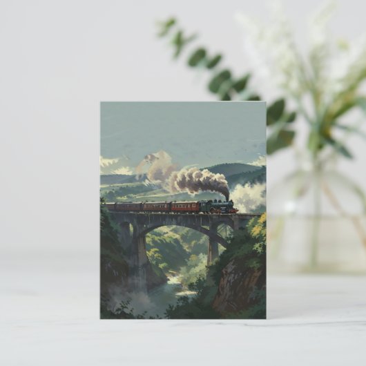 Steam Train Bridge - Painterly Style Landscape Art ポストカード (スタンド正面)