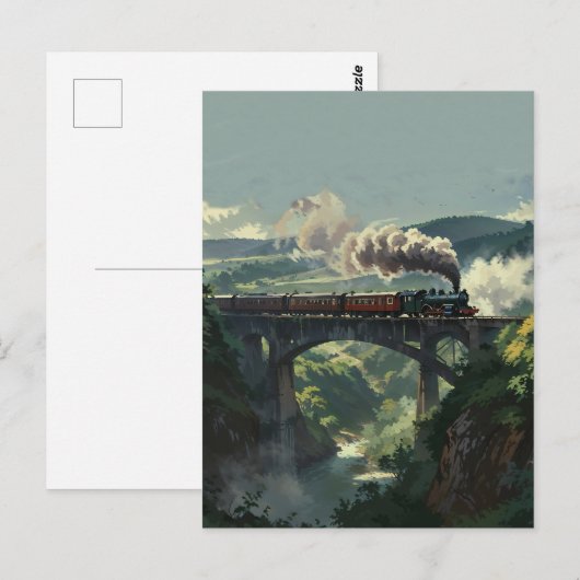 Steam Train Bridge - Painterly Style Landscape Art ポストカード (正面/裏面)