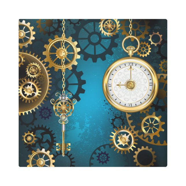 Steampnターコイズ背景(ギア) メタルプリント (正面)