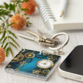 Steampunターコイズの背景(ギア) キーホルダー (正面右)