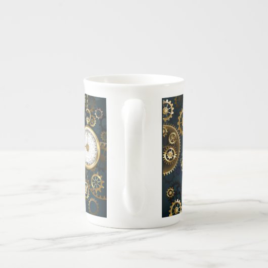 Steampunターコイズの背景(ギア) ボーンチャイナマグカップ (裏面)