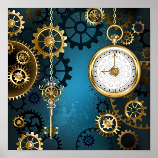 Steampunターコイズの背景(ギア) ポスター (正面)