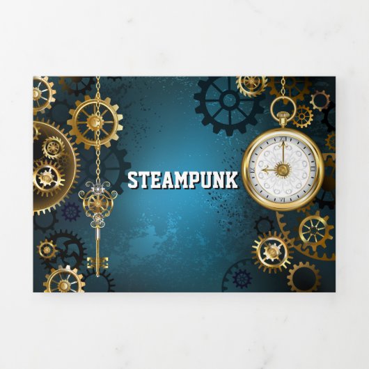 Steampunターコイズの背景(ギア) 三つ折り招待状 (カバー)