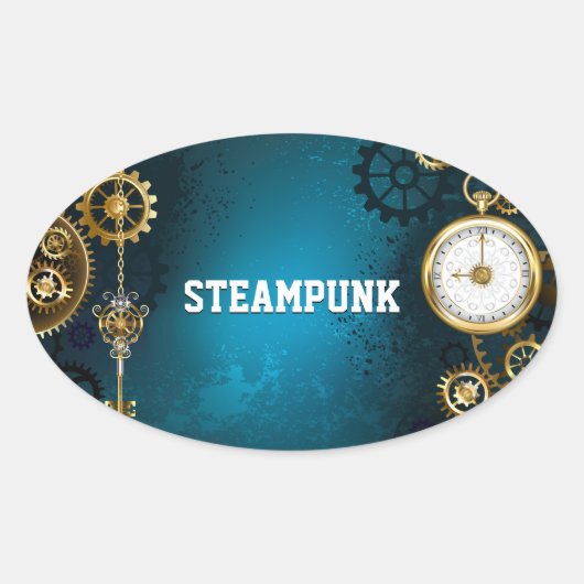 Steampunターコイズの背景(ギア) 楕円形シール (正面)