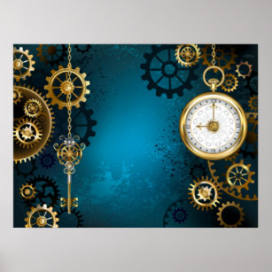Steampun turquoise Background with Gears ポスター