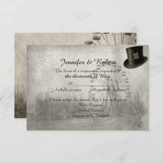 Steampunkのカーニバルのシルクハットの結婚式の応答カード 出欠カード (正面/裏面)