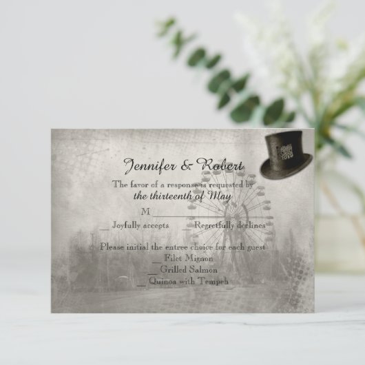 Steampunkのカーニバルのシルクハットの結婚式の応答カード 出欠カード (スタンド正面)