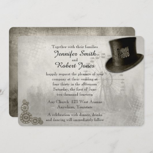 Steampunkのカーニバルのシルクハットの結婚式招待状 招待状 (正面/裏面)