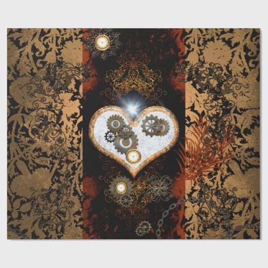Steampunkのギアおよび時計との美しいハート ラッピングペーパー (フラット)