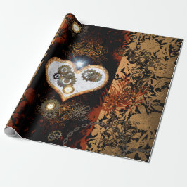 Steampunkのギアおよび時計との美しいハート ラッピングペーパー