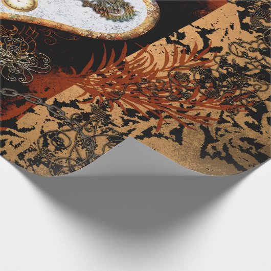 Steampunkのギアおよび時計との美しいハート ラッピングペーパー (角)