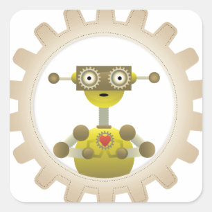 Steampunkのギアのハートのステッカーを持つRobot氏 スクエアシール