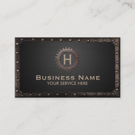 Steampunkのギアのモノグラムの暗い金属のヴィンテージ 名刺 (正面)