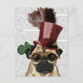 Steampunkのスタイルのシルクハットが付いているパグ ポストカード (正面)