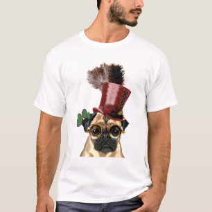 Steampunkのスタイルのシルクハットが付いているパグ Tシャツ