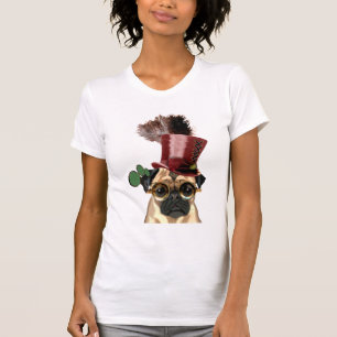 Steampunkのスタイルのシルクハットが付いているパグ Tシャツ