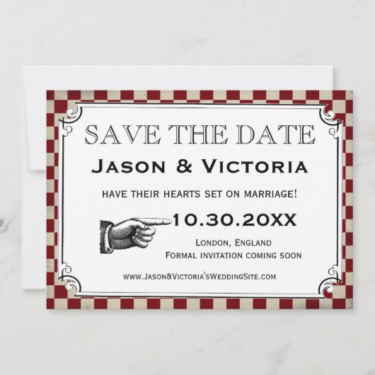 Steampunkのチェッカーボードの結婚式の保存日付カード セーブザデート (正面)