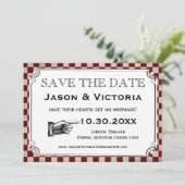 Steampunkのチェッカーボードの結婚式の保存日付カード セーブザデート (スタンド正面)
