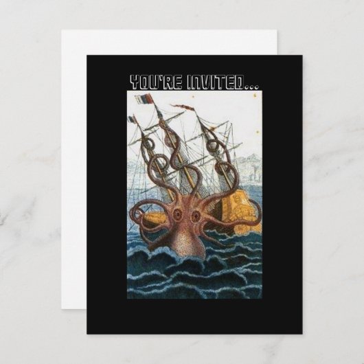 Steampunkのヴィンテージのビクトリアンで巨大なKrakenのタコ 招待状 (正面/裏面)
