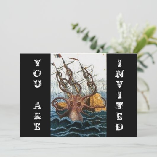 Steampunkのヴィンテージのビクトリア時代の人| Krakenのタコ 招待状 (スタンド正面)