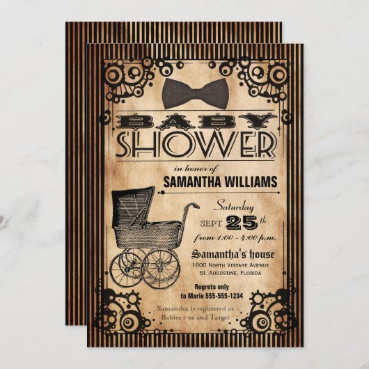 Steampunkのヴィンテージの一見の女の子のベビーシャワー 招待状 (正面/裏面)