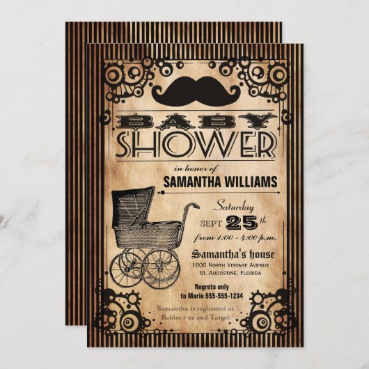 Steampunkのヴィンテージの一見の男の子のベビーシャワー 招待状 (正面/裏面)