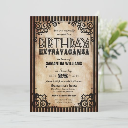 Steampunkのヴィンテージの一見の誕生日の催し 招待状 (スタンド正面)
