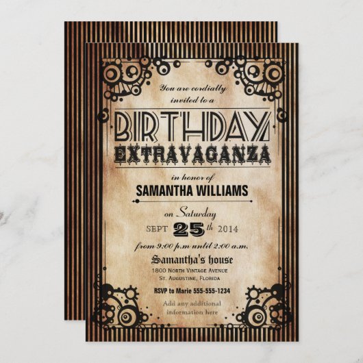 Steampunkのヴィンテージの一見の誕生日の催し 招待状 (正面/裏面)