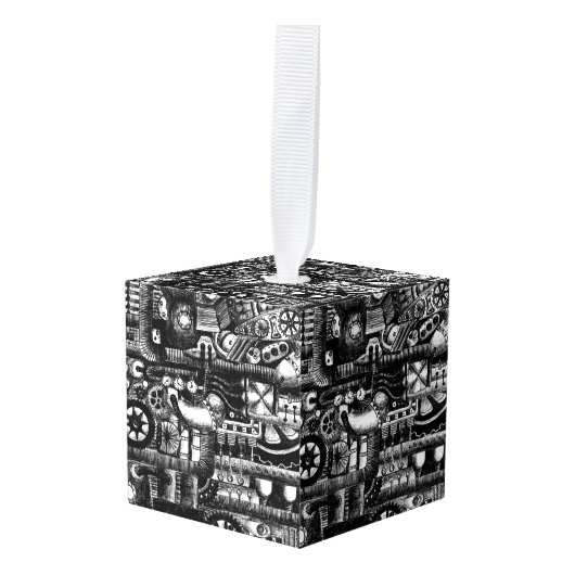 steampunkの引くことの機械類の漫画のメカニズムパターン キューブオーナメント (正面アングル)