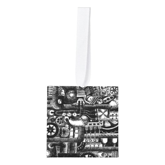 steampunkの引くことの機械類の漫画のメカニズムパターン キューブオーナメント (正面)