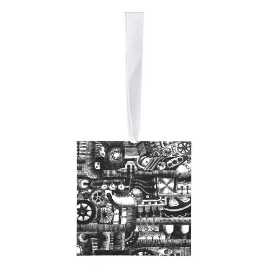 steampunkの引くことの機械類の漫画のメカニズムパターン キューブオーナメント (右)