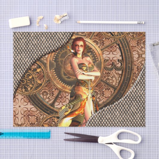 Steampunkの時計を持つ美しい蒸気の女性 薄葉紙 (クラフト)