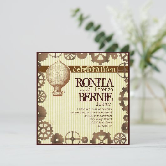 Steampunkの熱気の気球の結婚式のテンプレート 招待状 (スタンド正面)