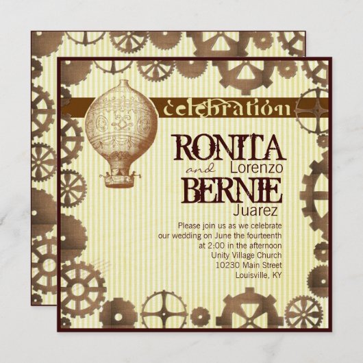 Steampunkの熱気の気球の結婚式のテンプレート 招待状 (正面/裏面)