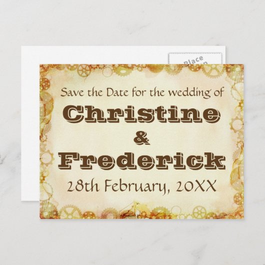 Steampunkの結婚式は、日付の郵便はがきを救います 案内ポストカード (正面/裏面)