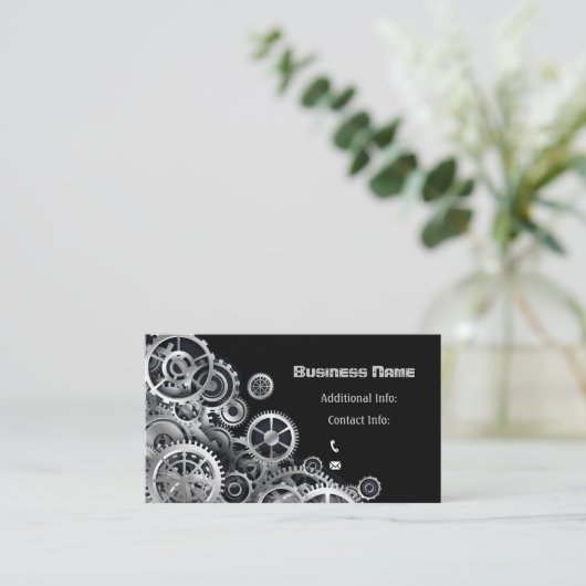 Steampunkの銀製のギア 名刺 (スタンド正面)
