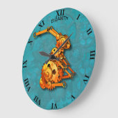 Steampunkの錆ついたヴィンテージの整備士のオレンジのウサギ ラージ壁時計 (傾斜)