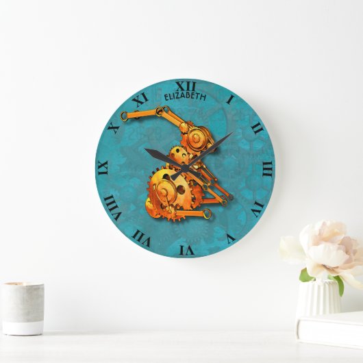 Steampunkの錆ついたヴィンテージの整備士のオレンジのウサギ ラージ壁時計 (ホーム)