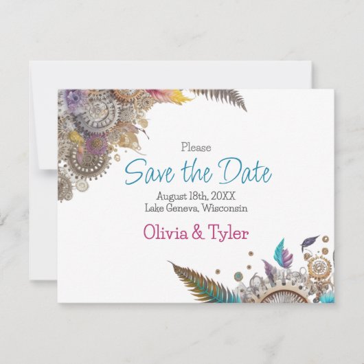 Steampunkをテーマにした結婚式の日付を保存 招待状 (正面)