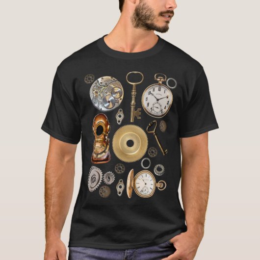 Steampunkオブジェクトギアポケットウォッチスケルトン鍵 Tシャツ (正面)