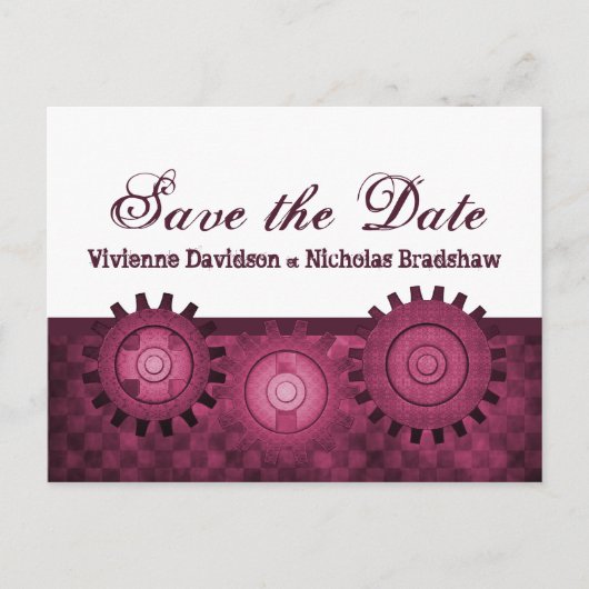 Steampunkギア日付はがきを保存する，明るい赤紫色 案内ポストカード (正面)