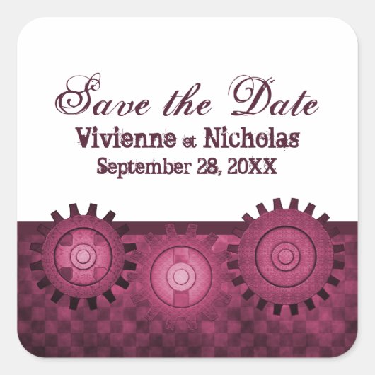 Steampunkギア日付を保存するステッカー、明るい赤紫色 スクエアシール (正面)