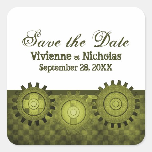 Steampunkギア日付を保存するステッカー、緑 スクエアシール (正面)