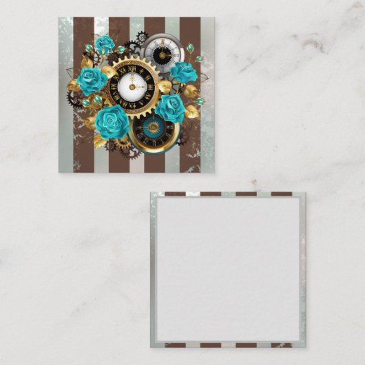 Steampunkクロックとターコイズバラオン エンクロージャーカード (正面/裏面)