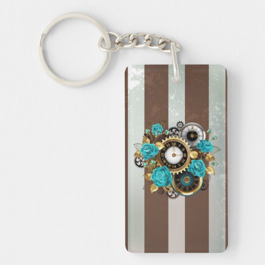 Steampunkクロックとターコイズバラオン キーホルダー (正面)