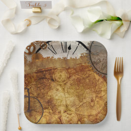 Steampunkクロック時間ヴィンテージマップ ペーパープレート