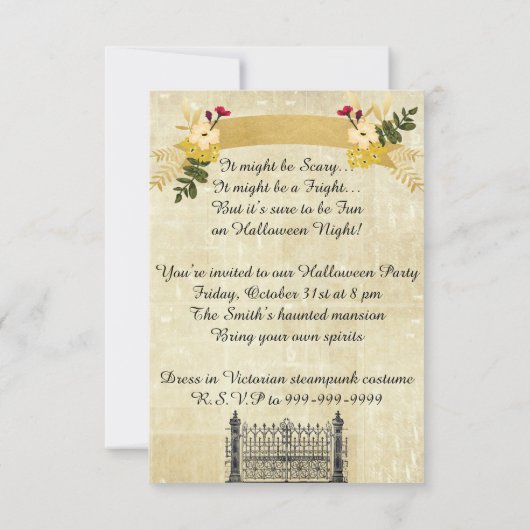 Steampunkスカル書フローラのハロウィーン3.5インチx 5インチ 招待状 (裏面)