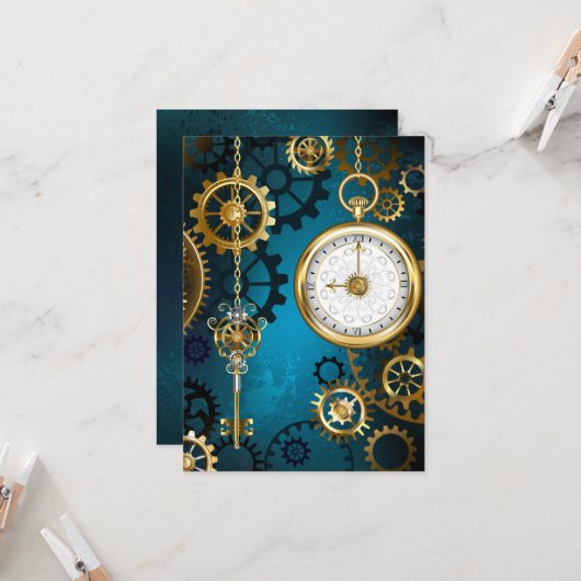 Steampunkターコイズ背景(ギア) カード (正面/裏面インサイチュ)